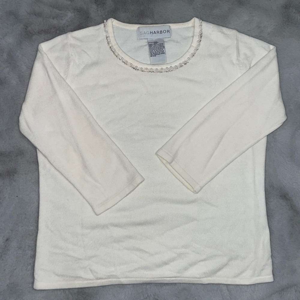 🧋Sag Harbor Women's Ivory Sweater with Embellished Neckline